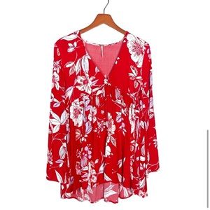 Free People Bella Red Floral Print Tunic Dress